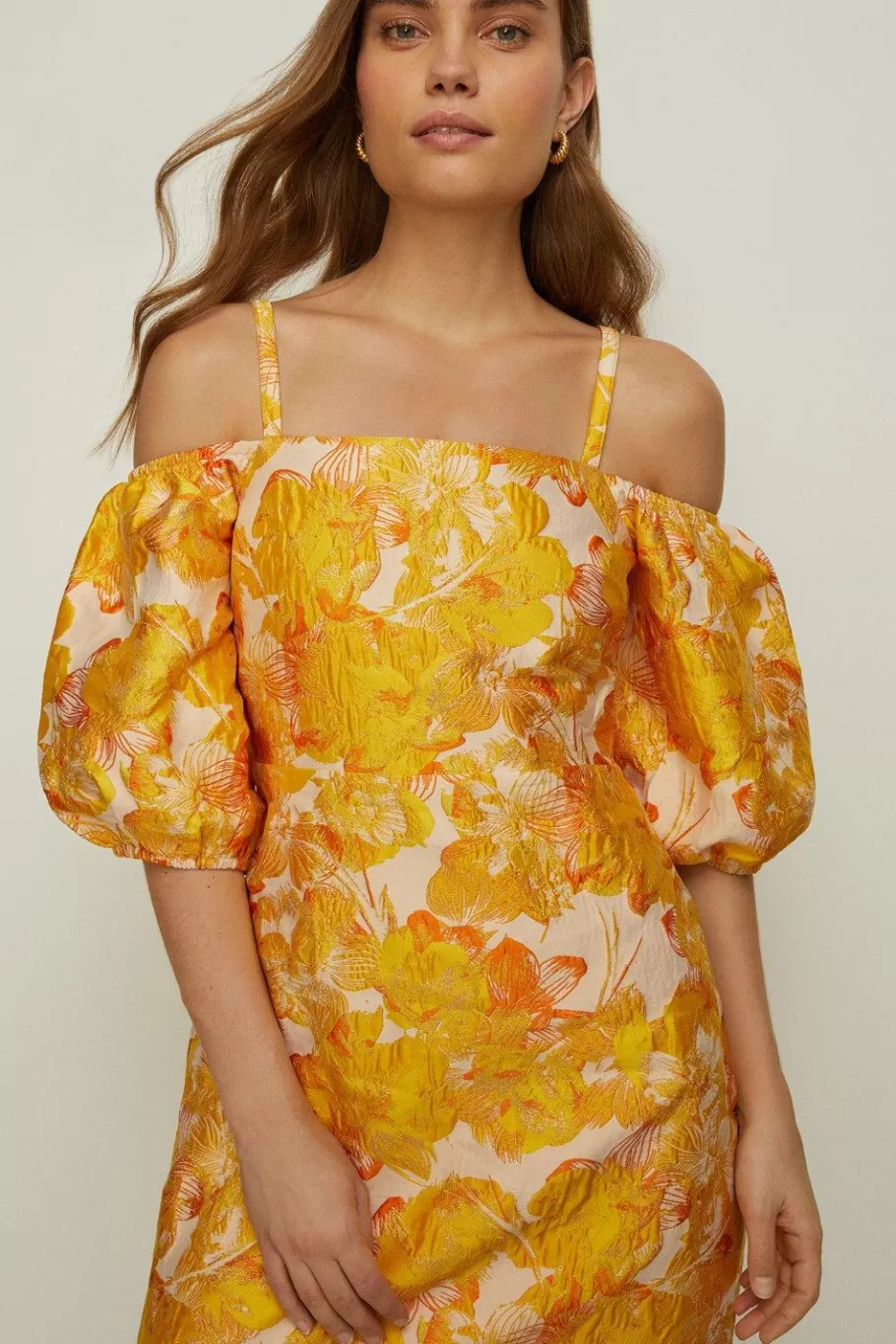 Oasis Floral Jacquard Bardot Strap Aline Dress Gold Flash Sale