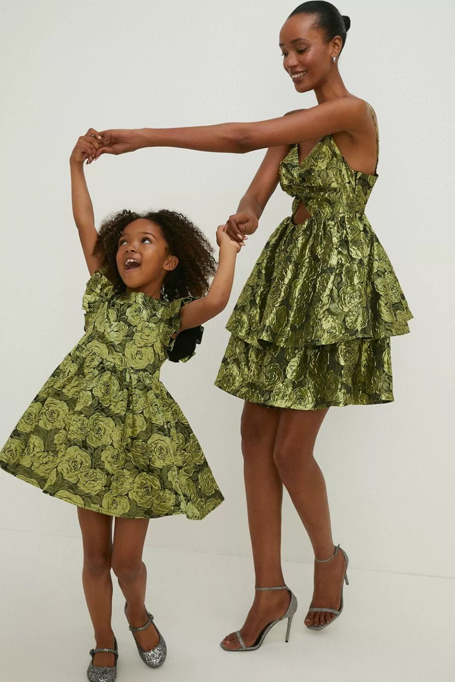 Oasis Floral Jacquard Cut Out Tiered Mini Dress Green Store