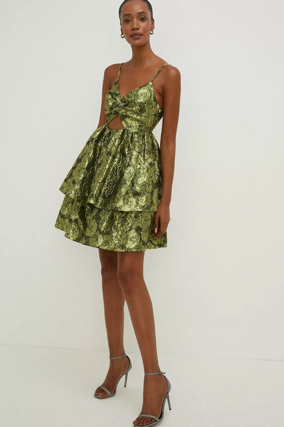 Oasis Floral Jacquard Cut Out Tiered Mini Dress Green Store