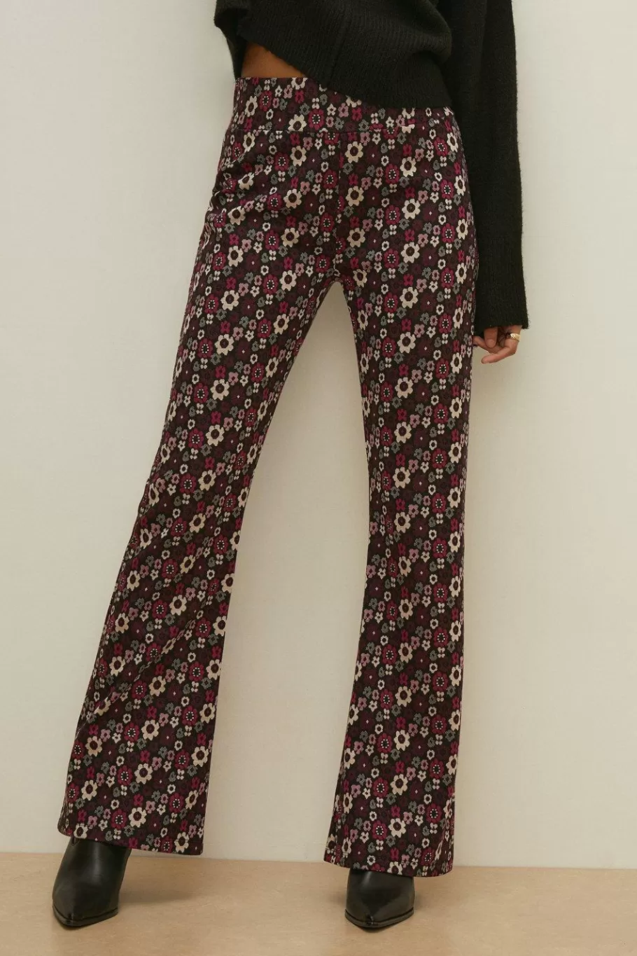 Oasis Floral Jacquard Flare Trouser Pink Best Sale