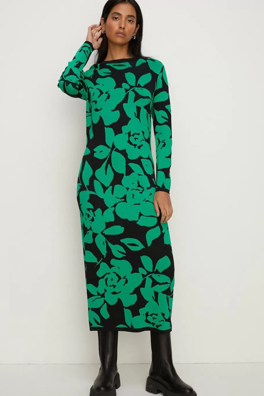 Oasis Floral Jacquard Knitted Midi Dress Green Discount