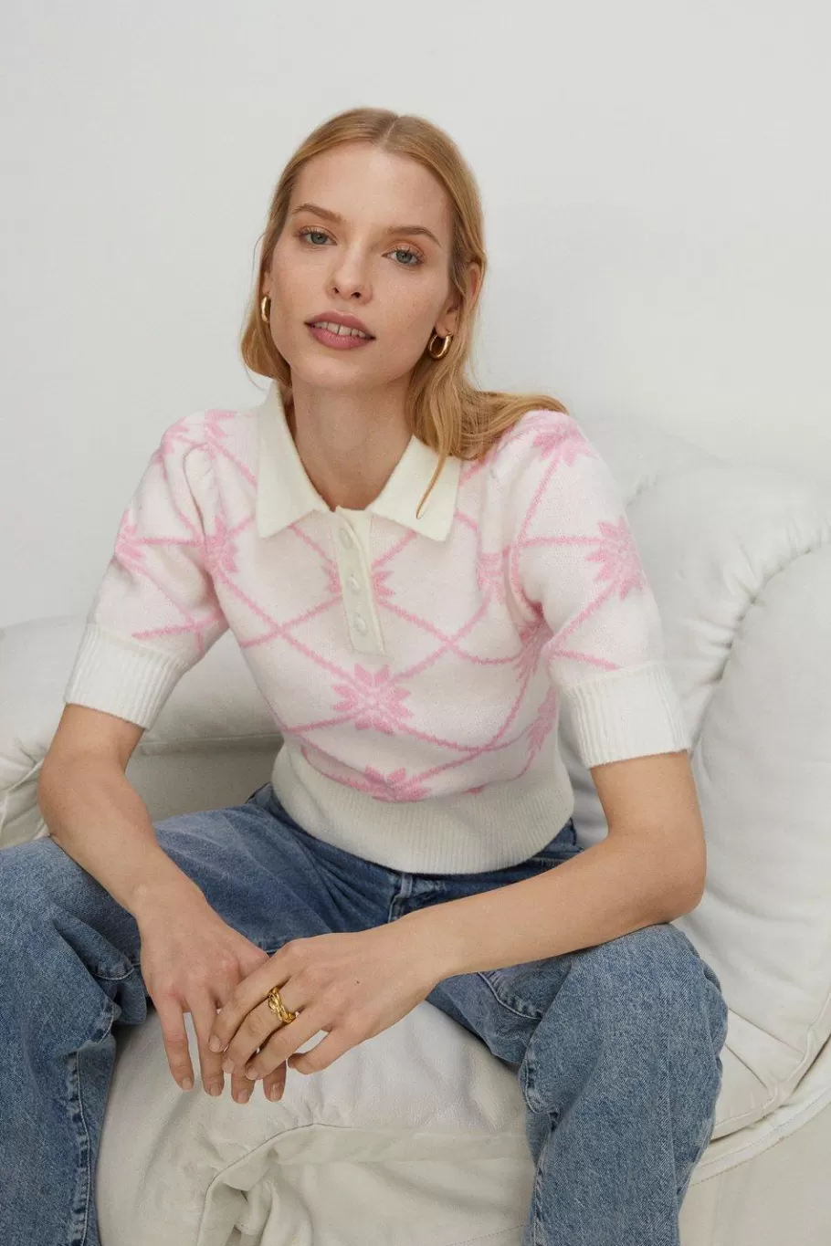 Oasis Floral Jacquard Polo Knit Top Pink Outlet