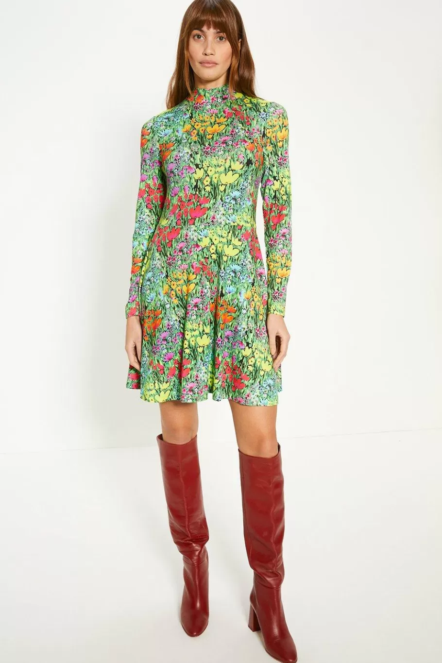 Oasis Floral Jersey Funnel Neck Long Sleeve Mini Dress Multi Shop