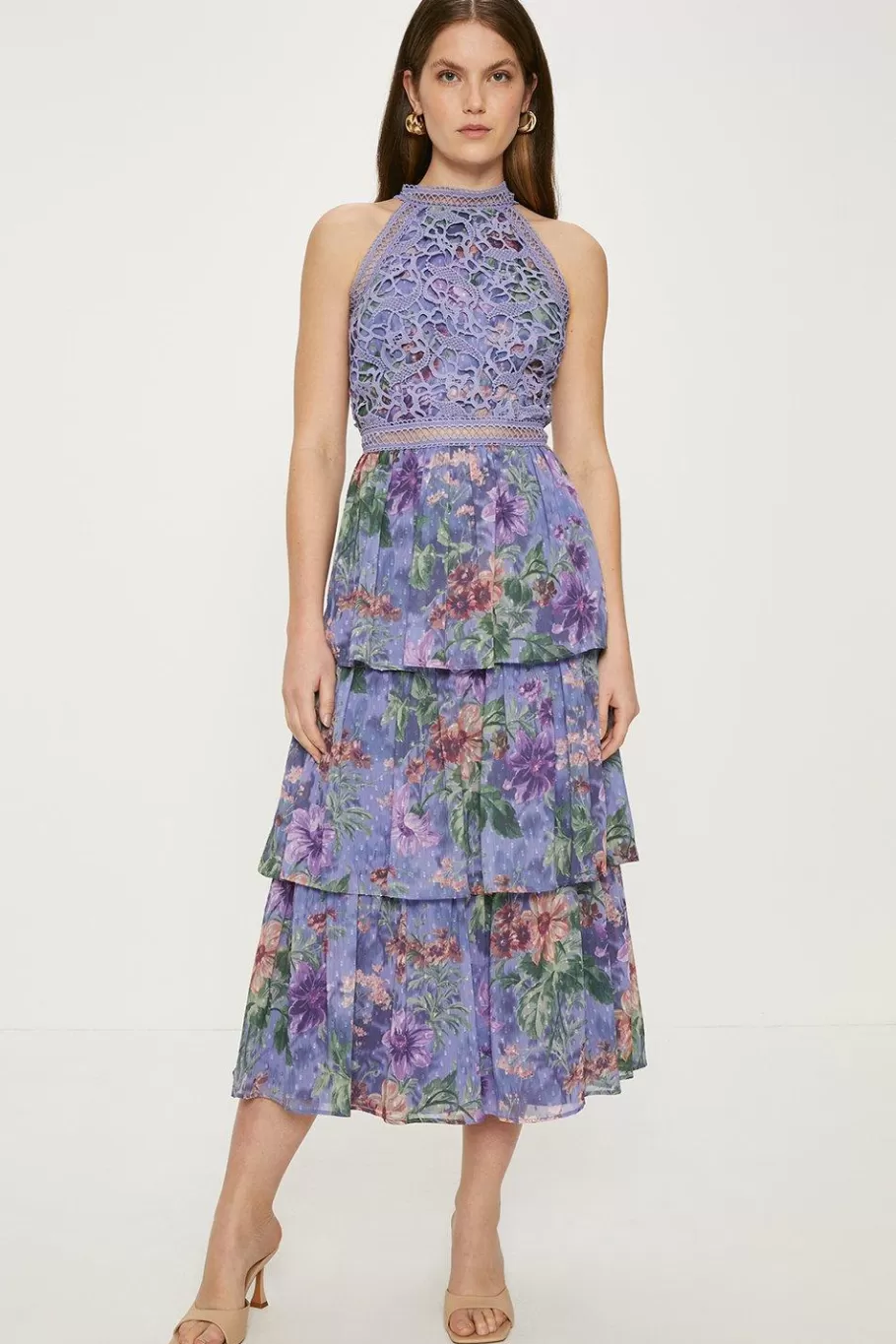 Oasis Floral Lace Halter Neck Tiered Midi Dress Purple Clearance