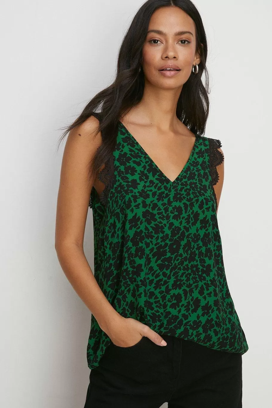 Oasis Floral Lace Trim Vest Green Flash Sale