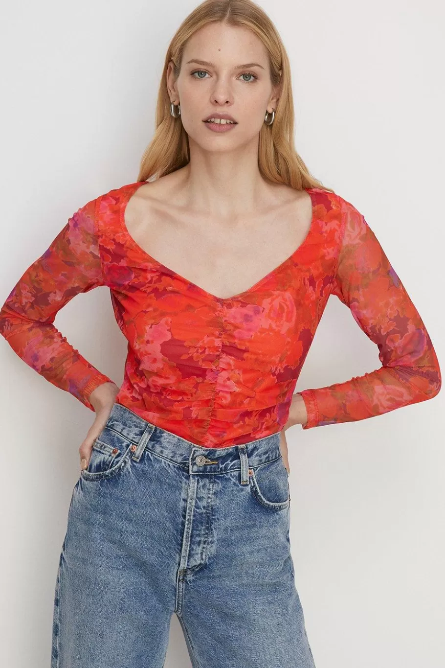 Oasis Floral Mesh Gauged Front Top Red Cheap