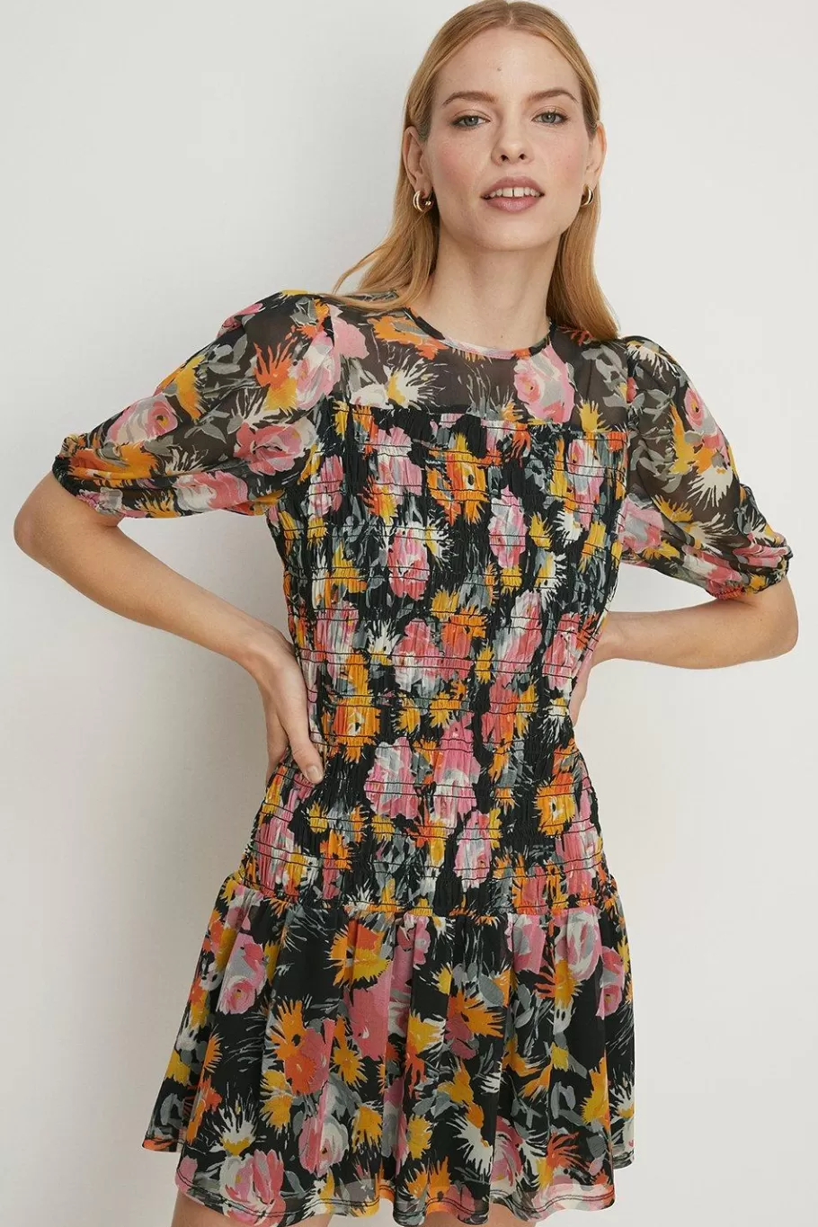 Oasis Floral Mesh Shirred Bodice Mini Dress Black Online