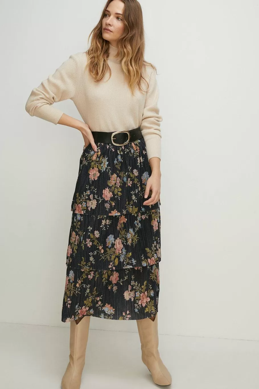 Oasis Floral Metallic Plisse Tired Midi Skirt Multi Outlet