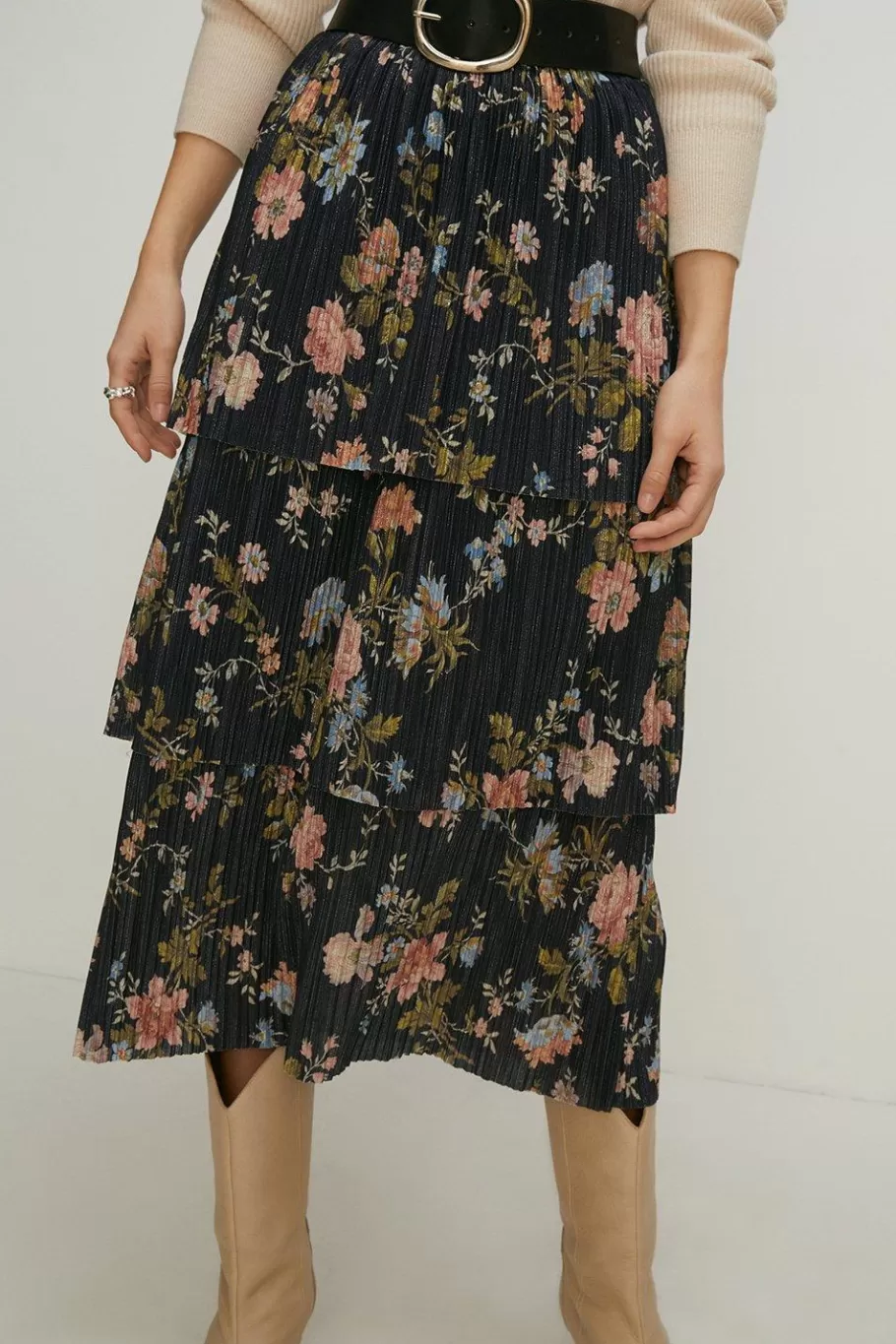 Oasis Floral Metallic Plisse Tired Midi Skirt Multi Outlet