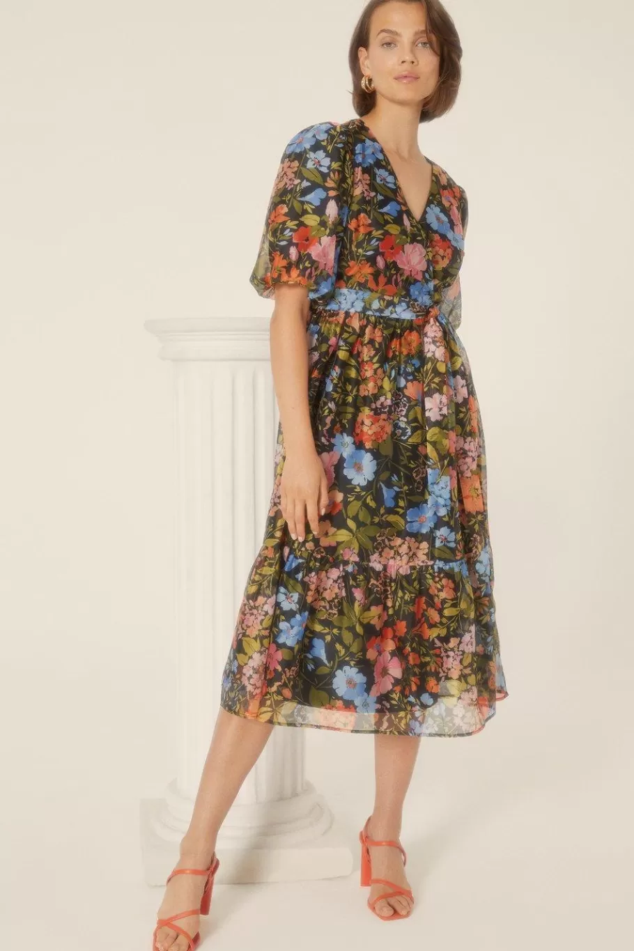 Oasis Floral Organza Wrap Midi Dress Black Cheap