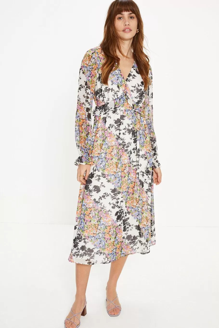 Oasis Floral Patch Ruffle Waist Midi Dress Multi Fashion