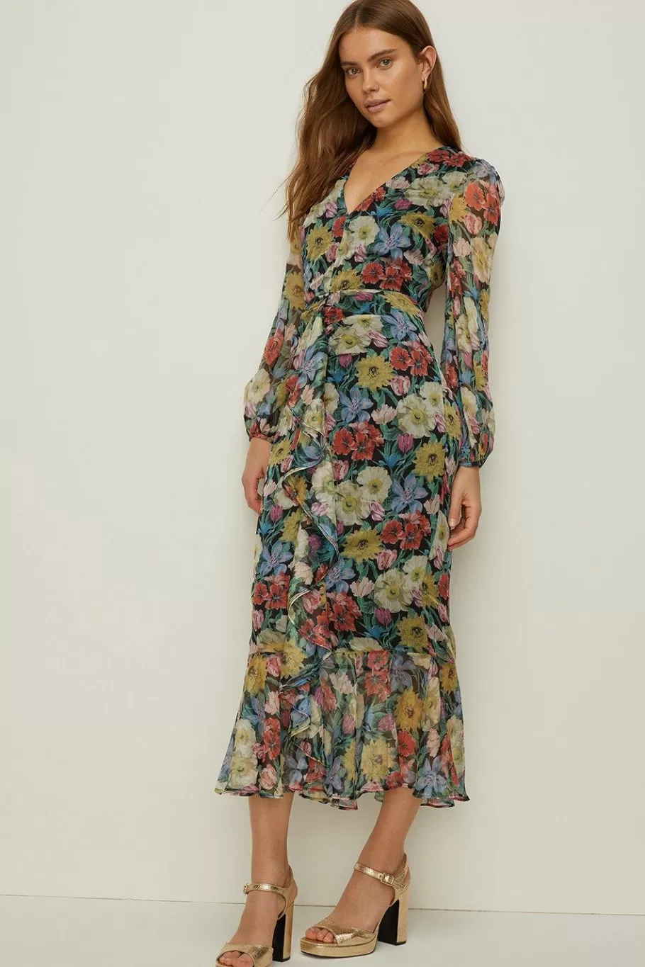 Oasis Floral Plunge V Neck Midi Dress Multi Fashion