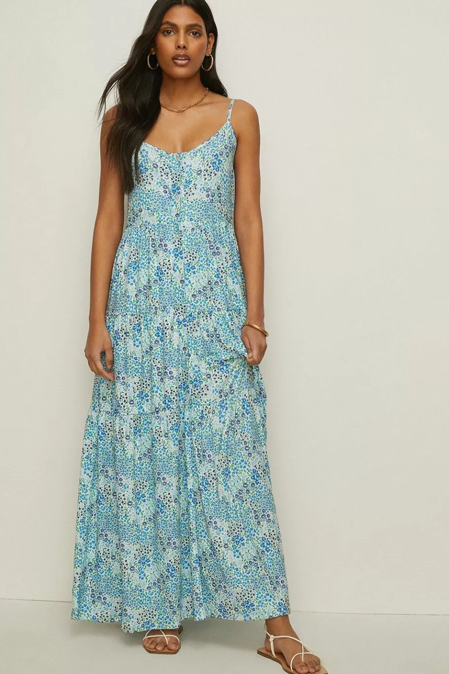 Oasis Floral Print Button Front Tiered Maxi Dress Multi Discount