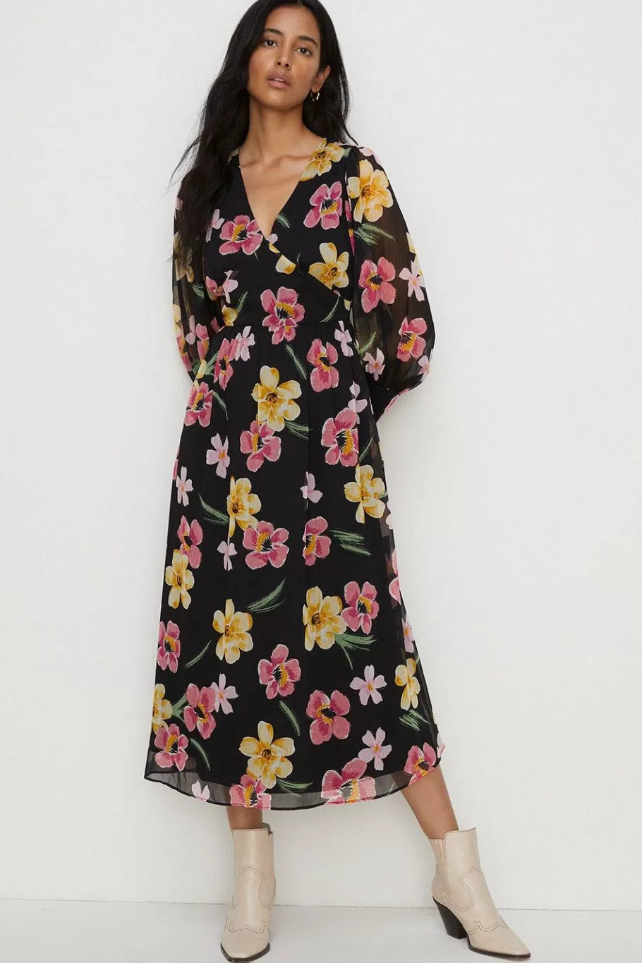 Oasis Floral Print Chiffon Midi Dress Black Online