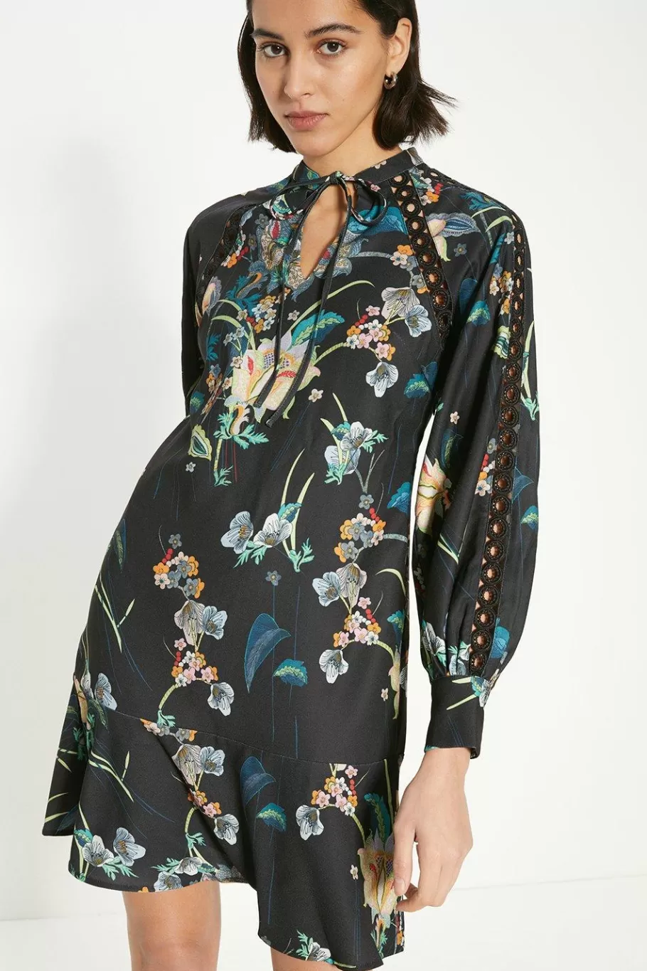 Oasis Floral Print Crepe A-Line Mini Dress Black Cheap