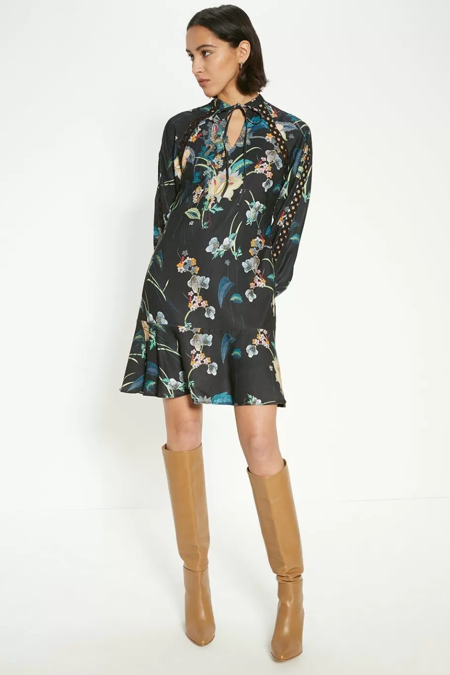 Oasis Floral Print Crepe A-Line Mini Dress Black Cheap