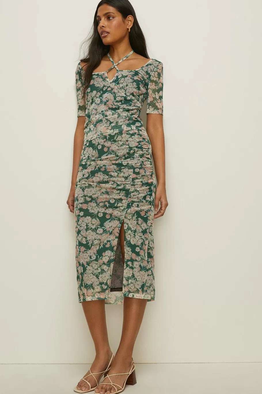 Oasis Floral Print Mesh Ruched Side Midi Skirt Green Best Sale