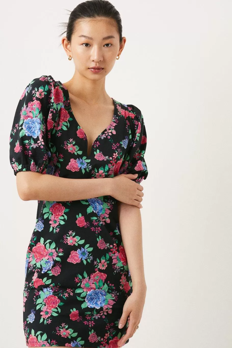 Oasis Floral Print Puff Sleeve Mini Dress Black Fashion