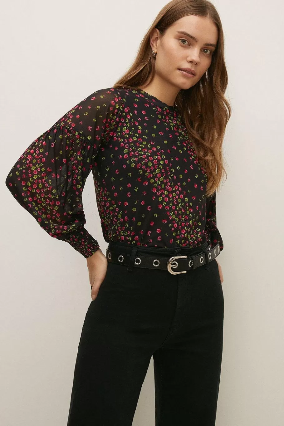 Oasis Floral Print Shirred Cuff Mesh Top Multi Clearance