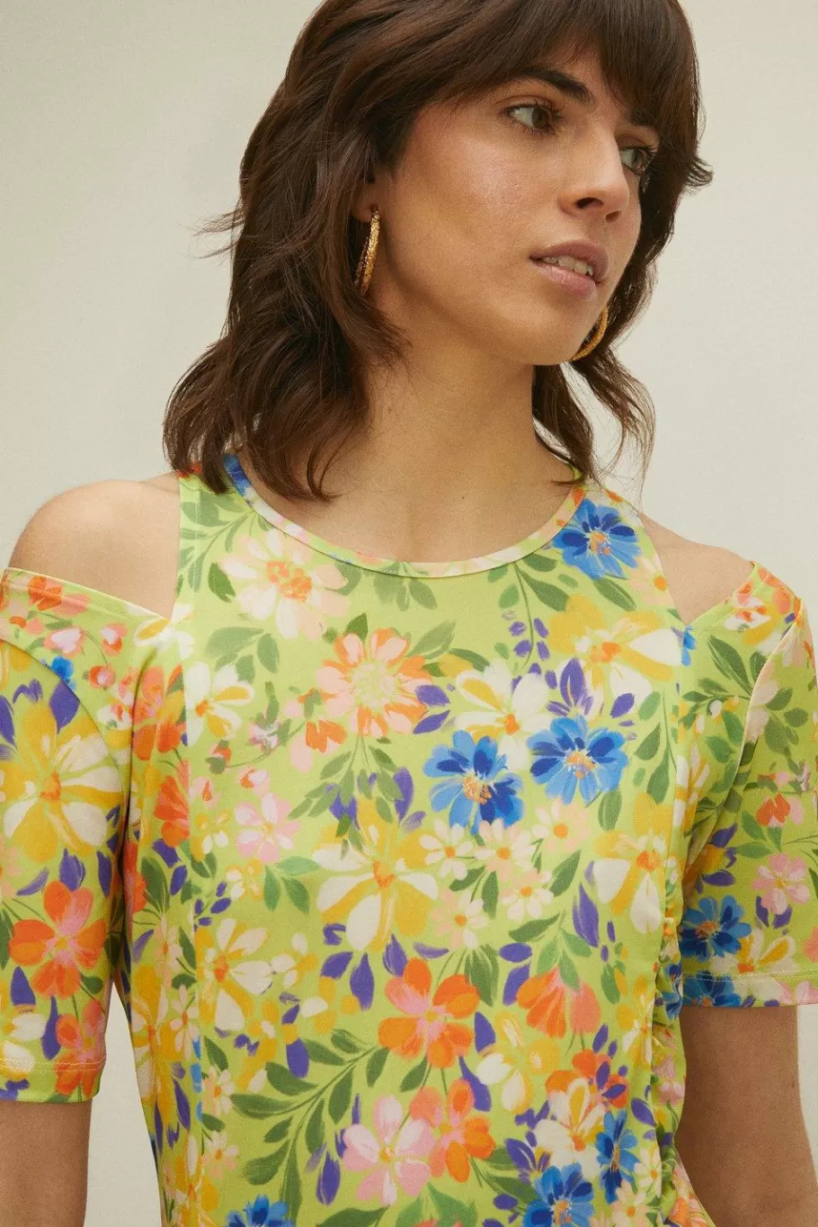 Oasis Floral Print Shoulder Cutout Midi Multi Fashion