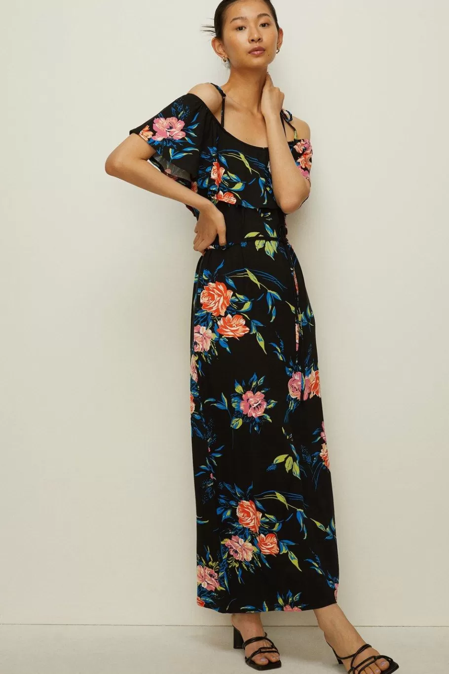 Oasis Floral Printed Bardot Maxi Dress Black Cheap