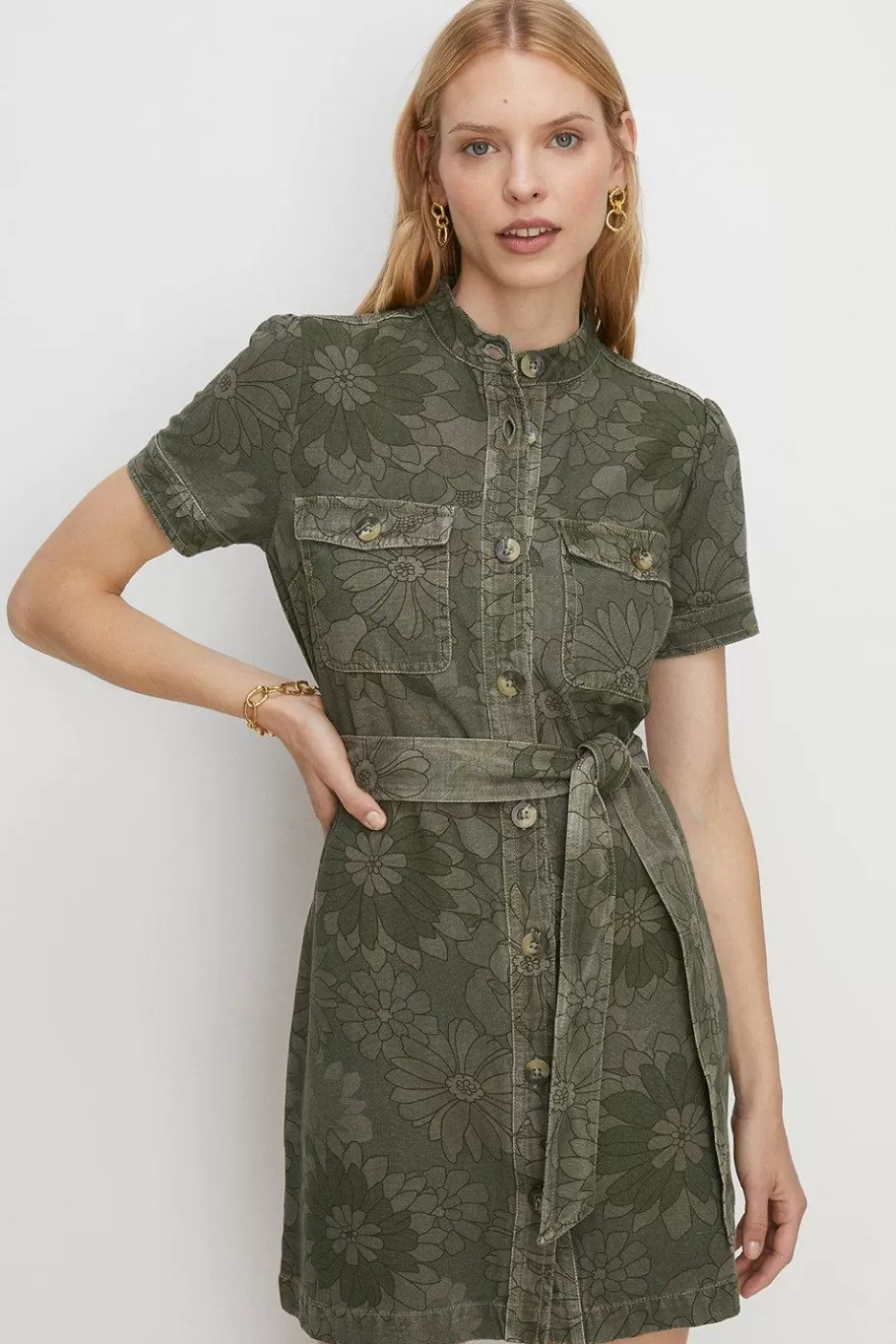 Oasis Floral Printed Canvas Utility Dress Khaki Best Sale