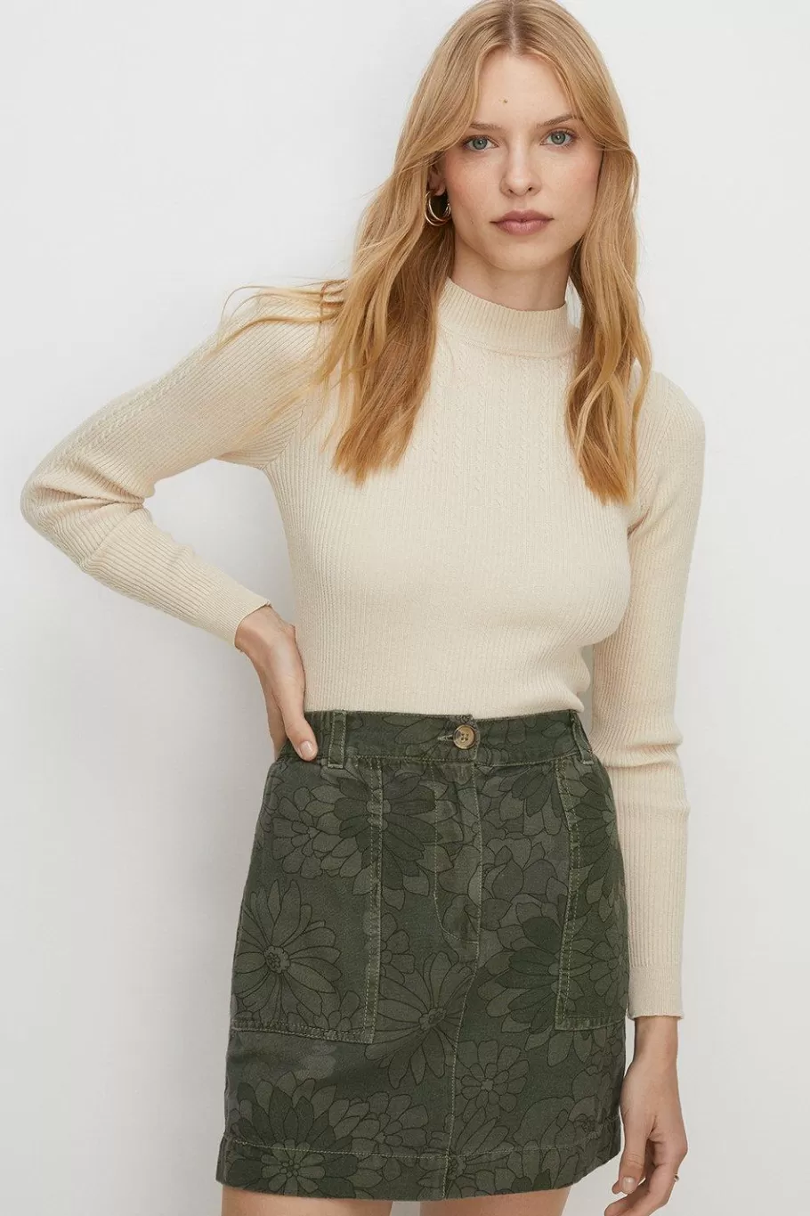 Oasis Floral Printed Canvas Utility Skirt Khaki Online