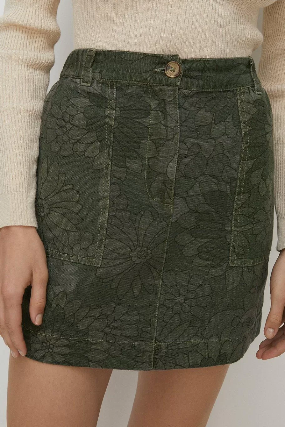 Oasis Floral Printed Canvas Utility Skirt Khaki Online