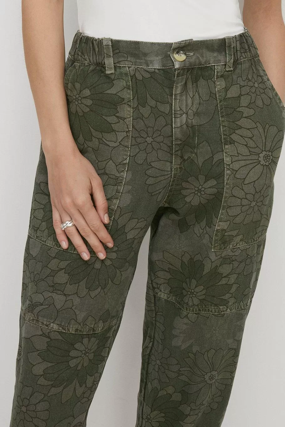 Oasis Floral Printed Canvas Utility Trouser Khaki Cheap