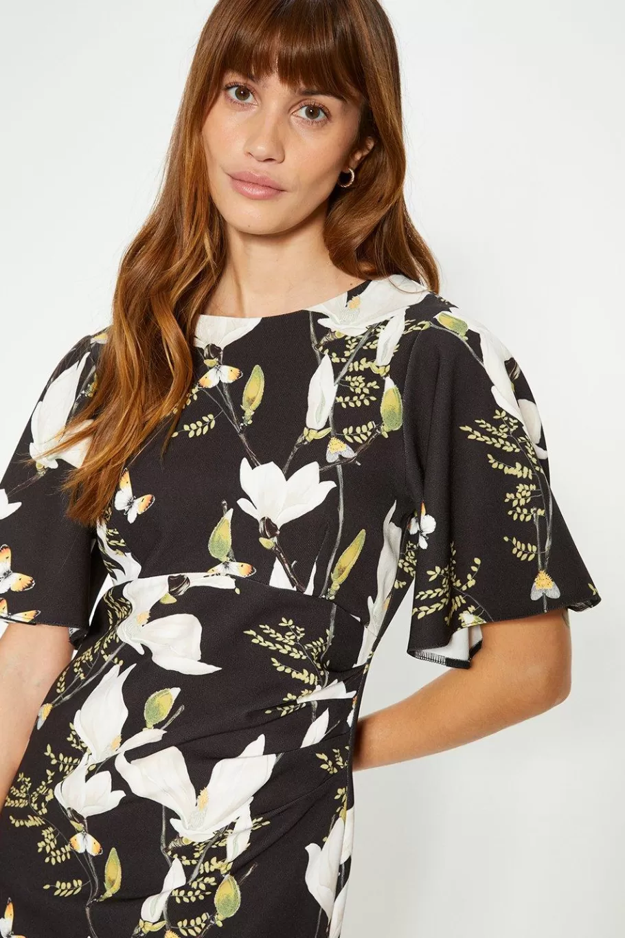 Oasis Floral Printed Crepe Flare Sleeve Tailored Dress Black Cheap