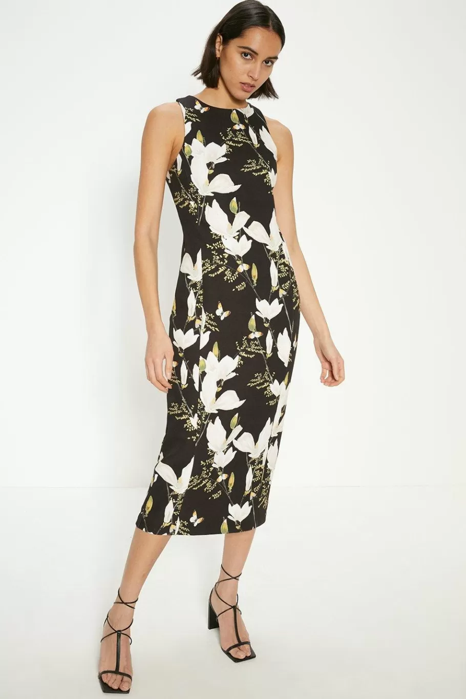 Oasis Floral Printed Crepe Tailored Midi Dress Black Fashion