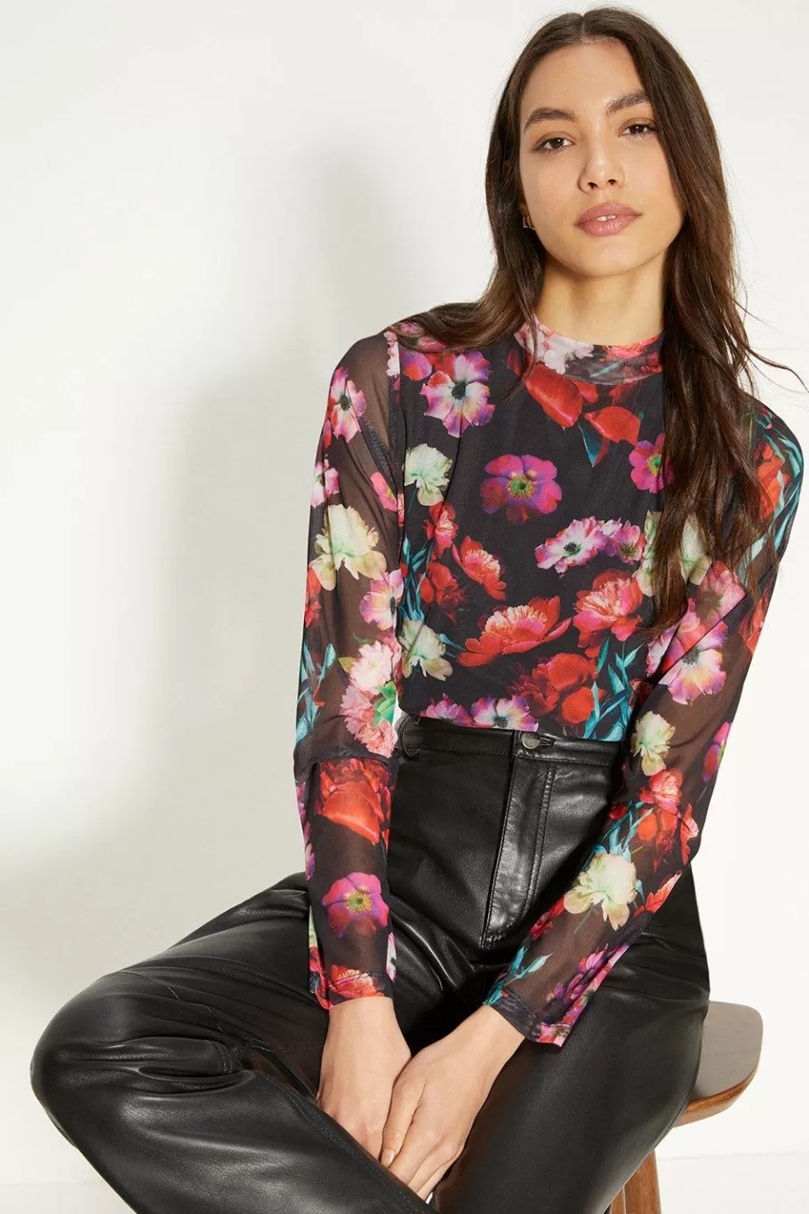 Oasis Floral Printed Funnel Neck Mesh Top Black Best