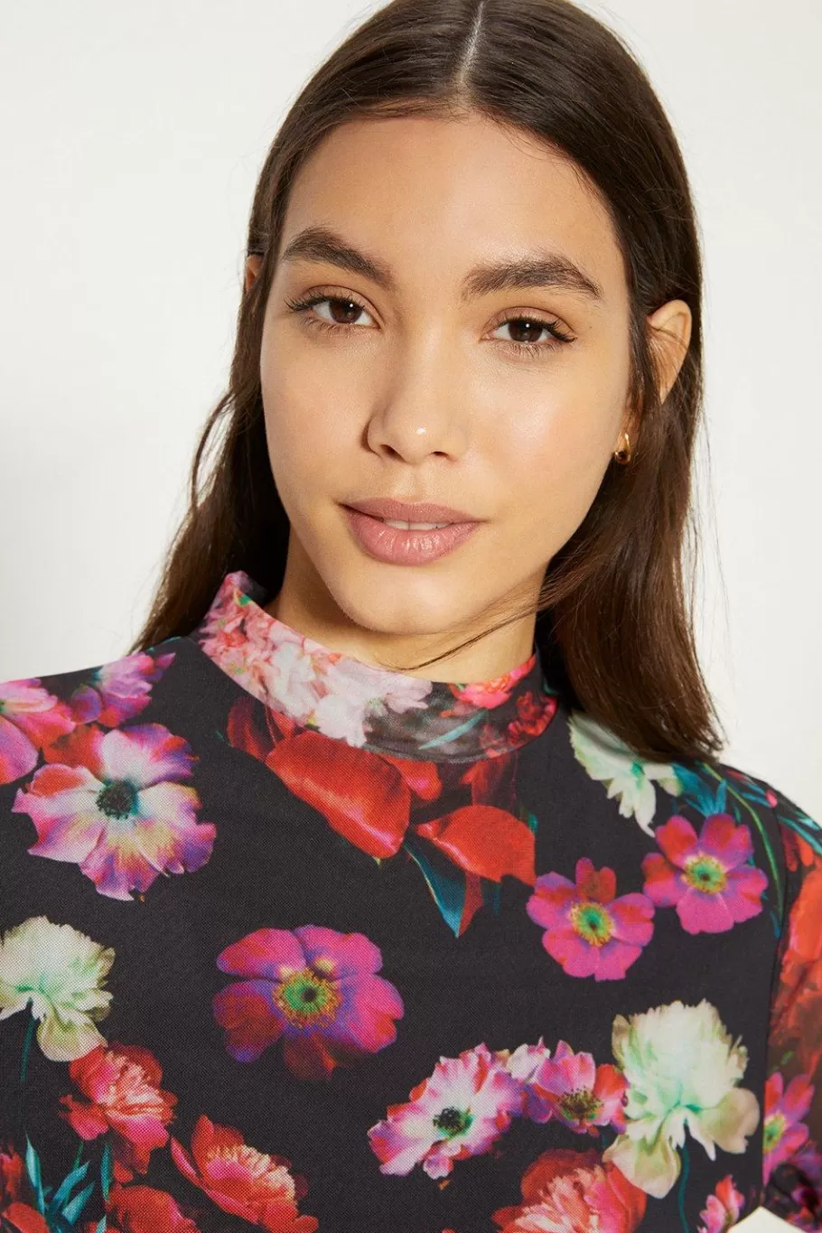 Oasis Floral Printed Funnel Neck Mesh Top Black Best