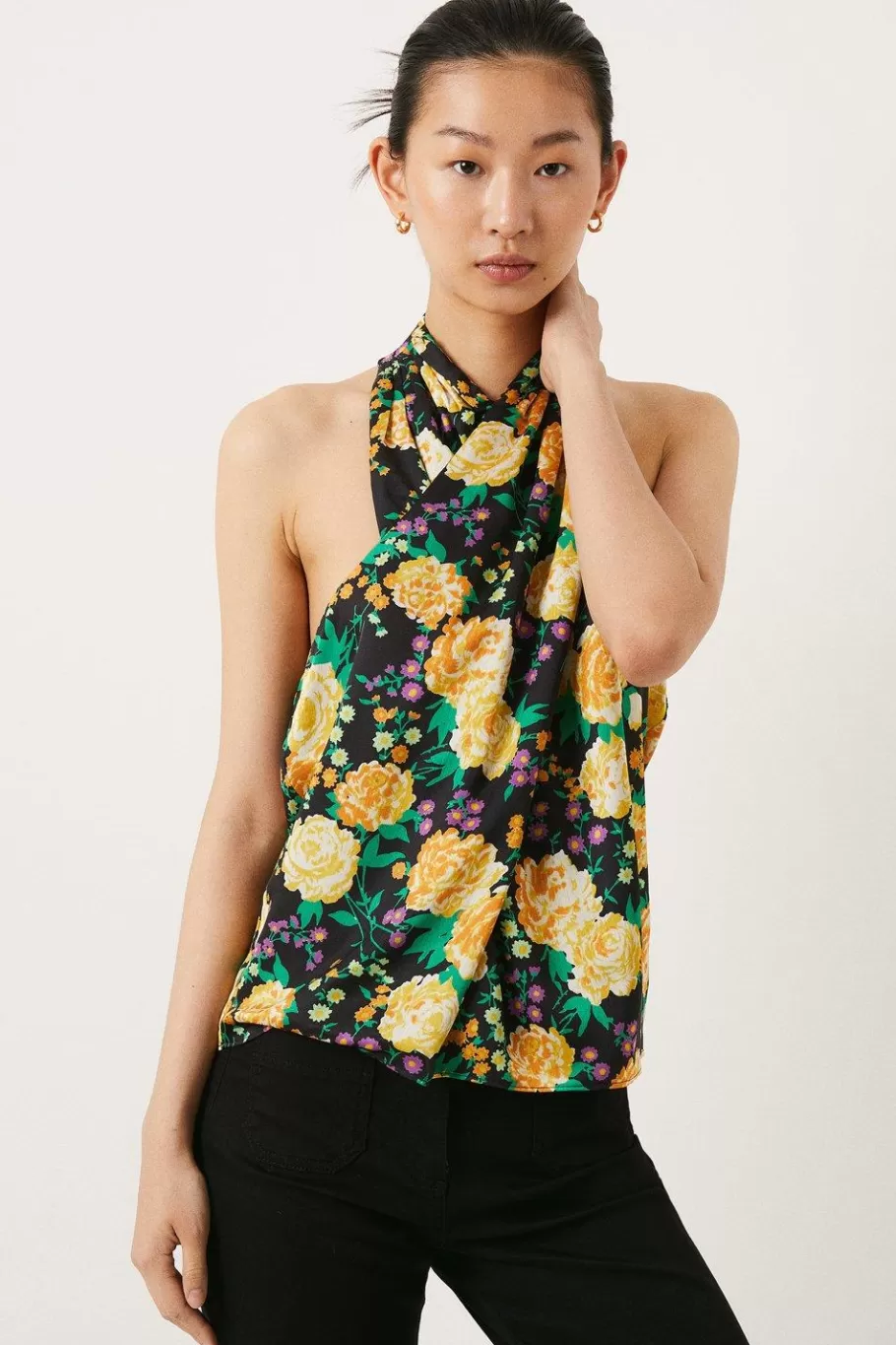 Oasis Floral Printed Halter Satin Top Black Cheap