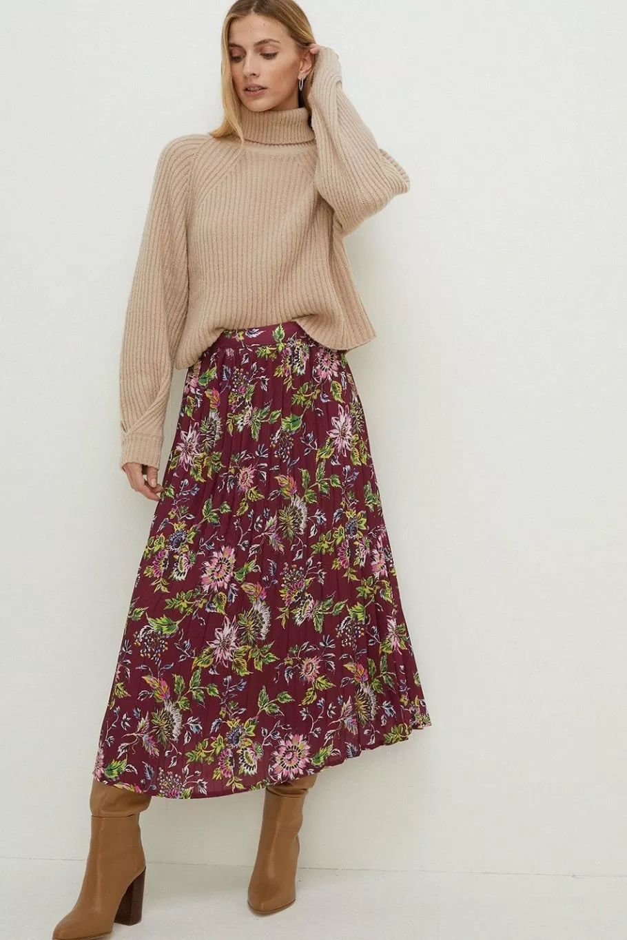 Oasis Floral Printed Pleated Midi Skirt Berry Discount