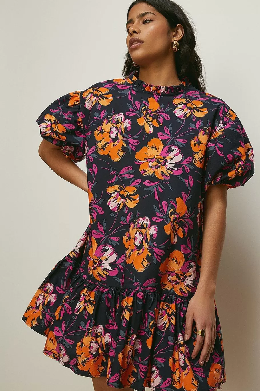 Oasis Floral Printed Poplin Smock Dress Navy Outlet