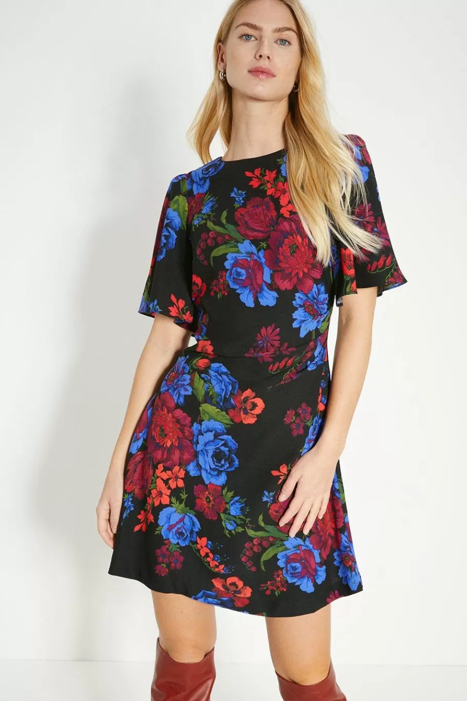 Oasis Floral Printed Ruched Detail Crepe Mini Dress Multi Best Sale