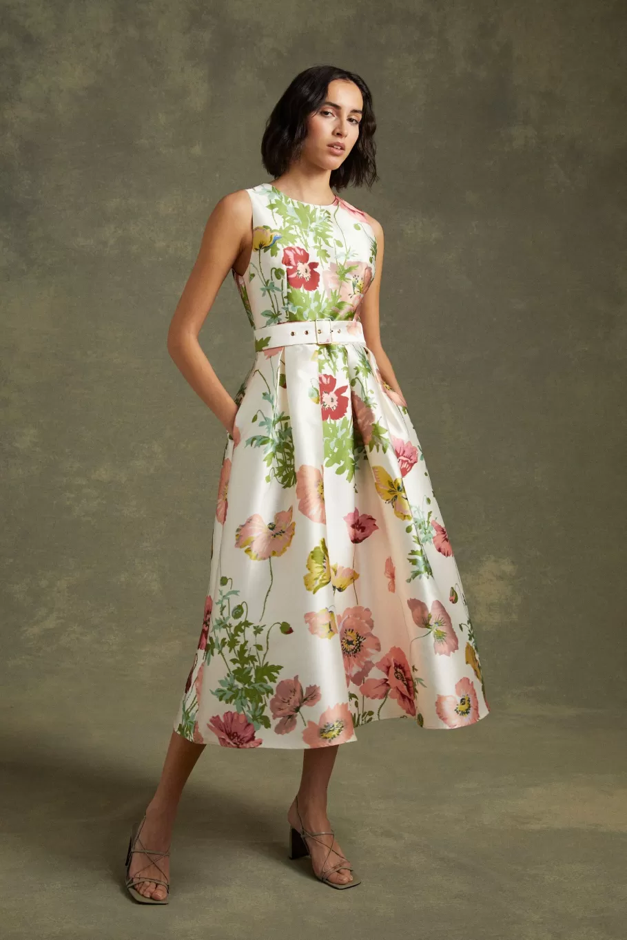 Oasis Floral Printed Satin Twill Belted Midi Dress Multi Best