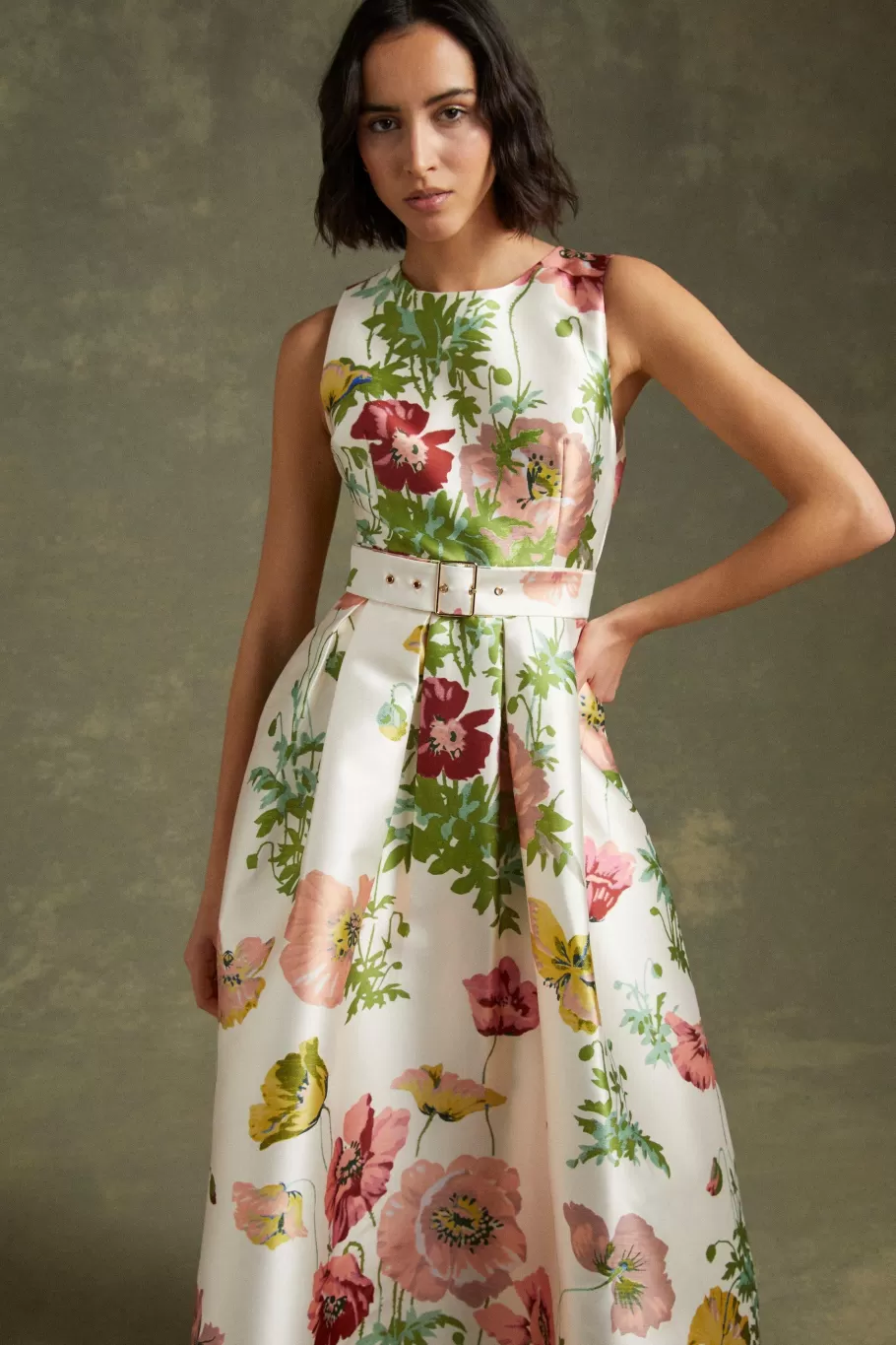 Oasis Floral Printed Satin Twill Belted Midi Dress Multi Best