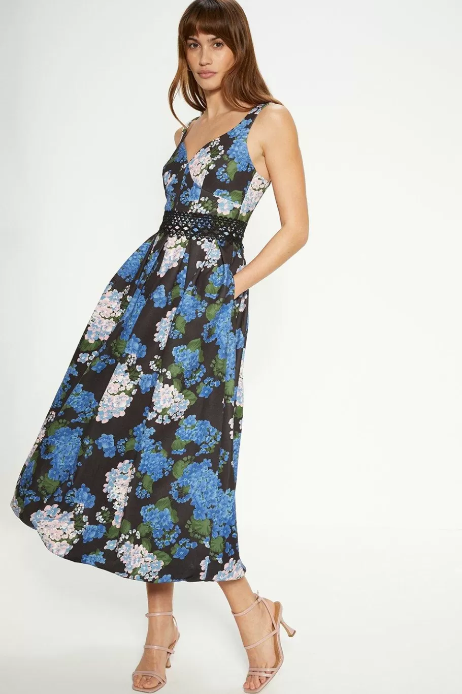 Oasis Floral Printed Scuba Lace Detail Midi Dress Blue Cheap