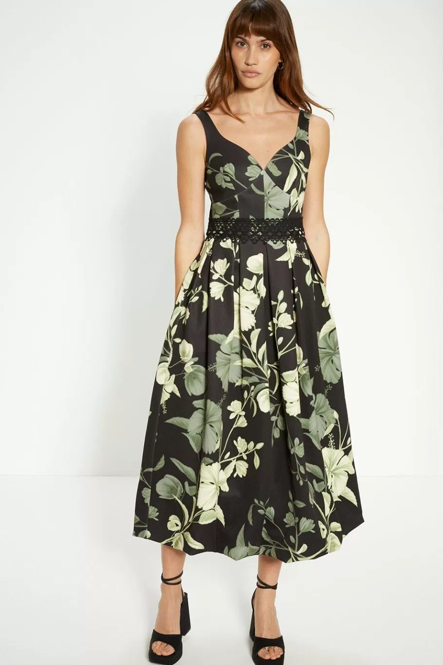 Oasis Floral Printed Scuba Lace Detail Midi Dress Green Online