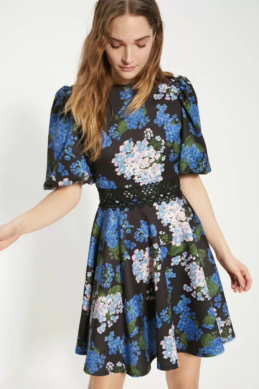 Oasis Floral Printed Scuba Lace Trim Skater Dress Blue Store