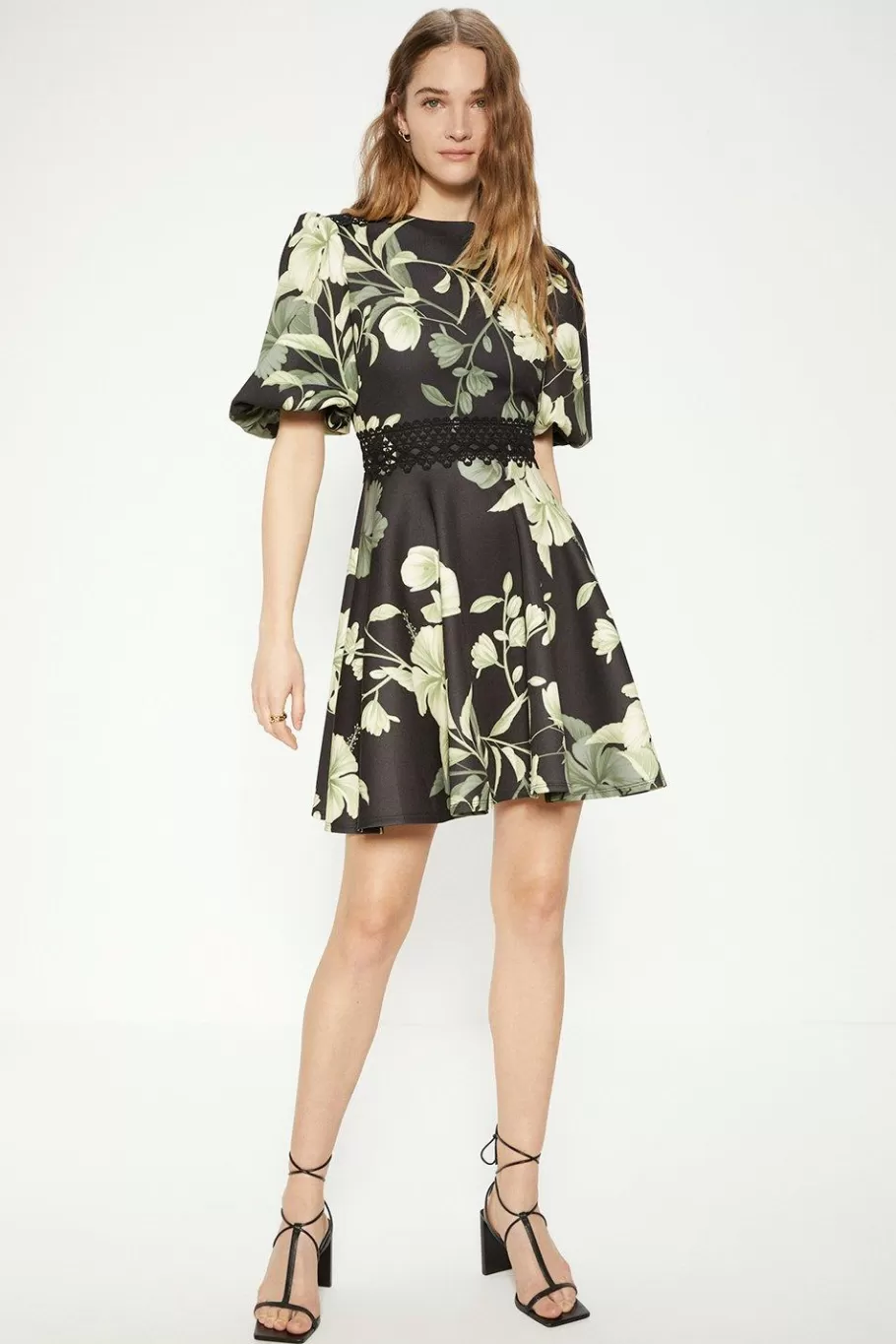 Oasis Floral Printed Scuba Lace Trim Skater Dress Green Fashion