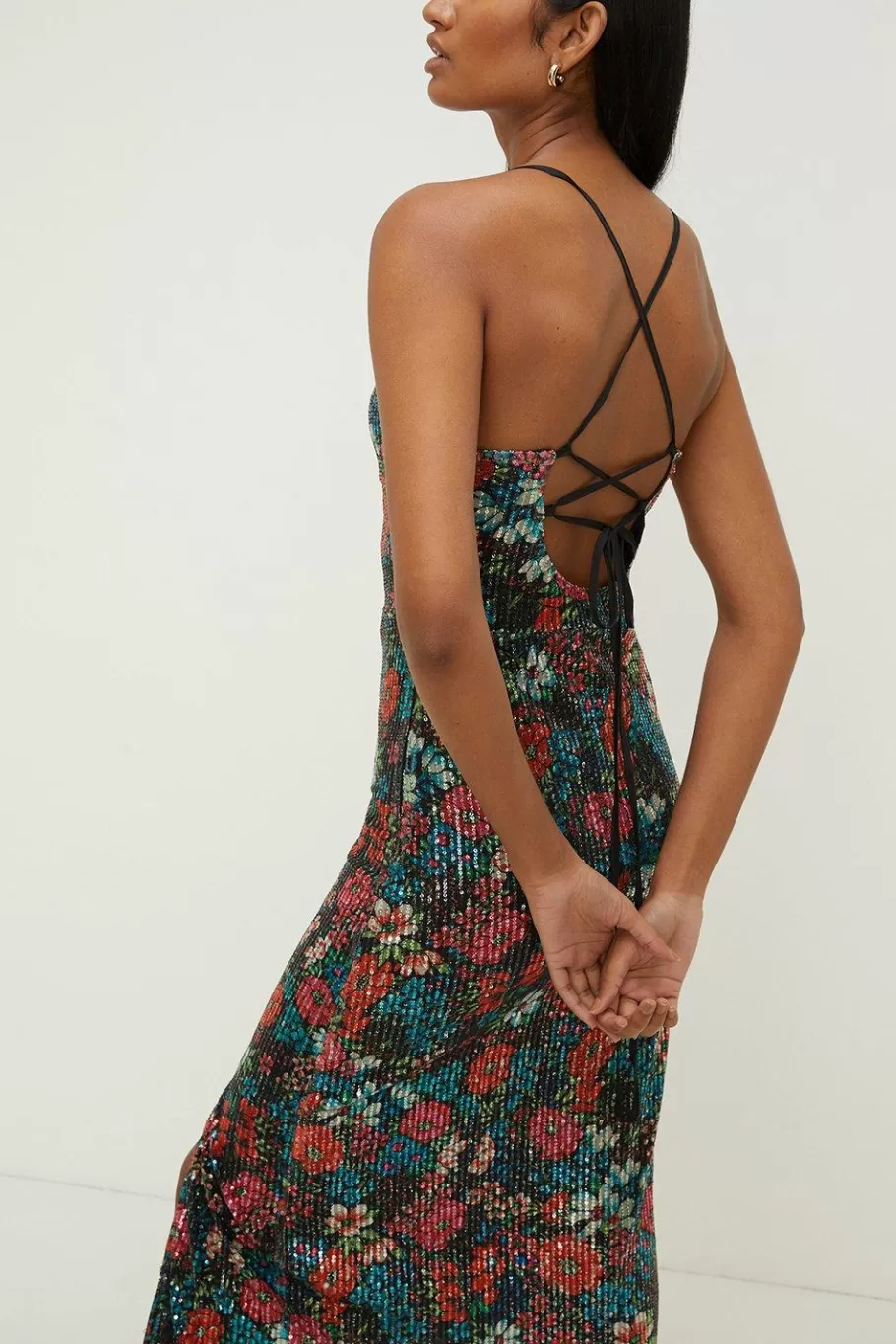 Oasis Floral Printed Sequin Cross Back Midi Dress Black Cheap