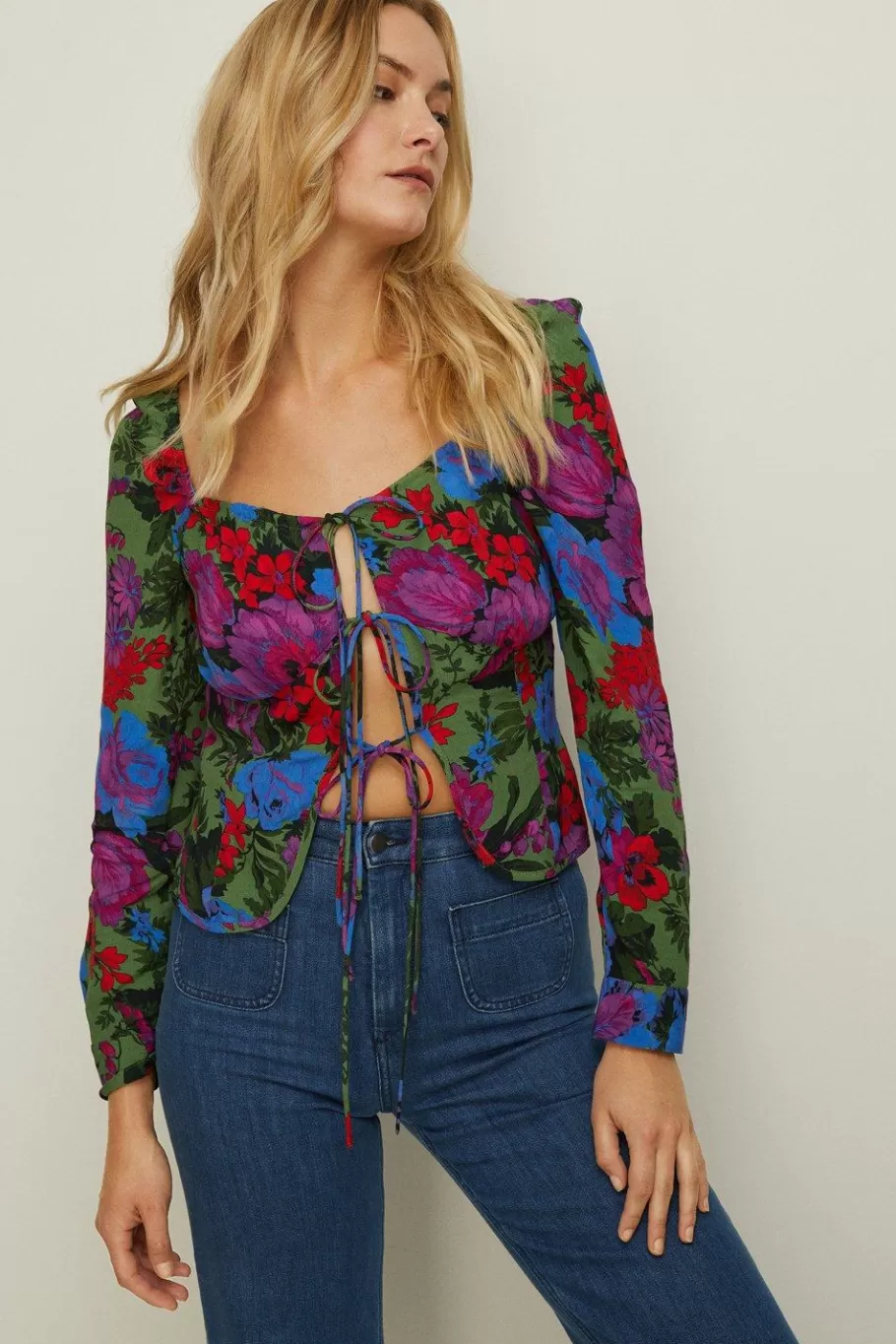 Oasis Floral Printed Tie Detail Top Green Outlet