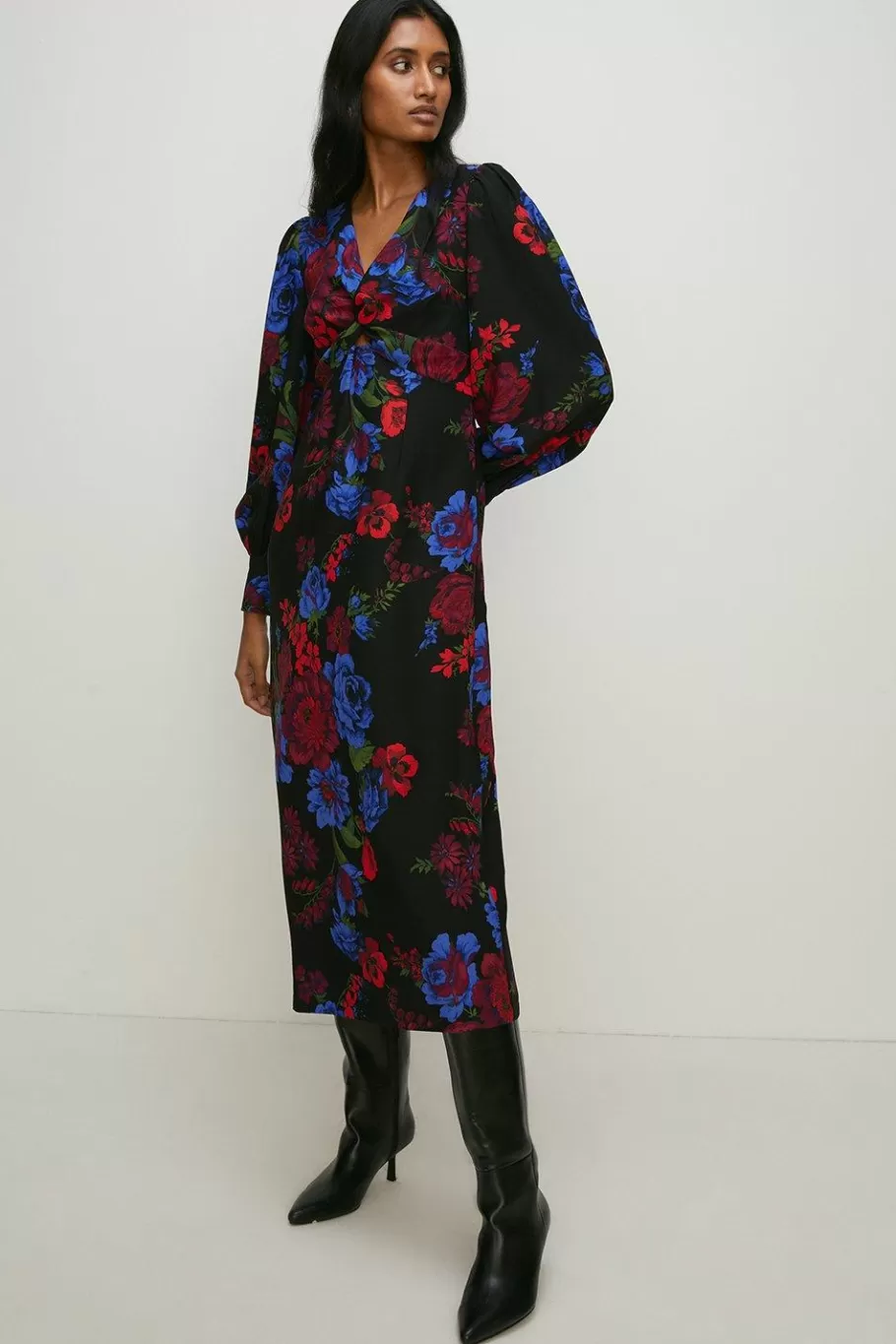 Oasis Floral Printed Twist Front Crepe Midi Dress Black Sale