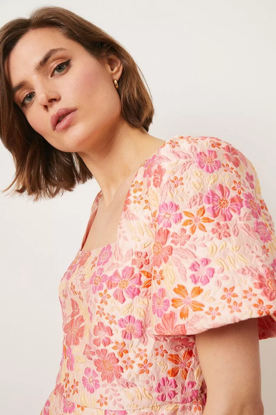 Oasis Floral Puff Sleeve Jacquard Mini Dress Pink Online