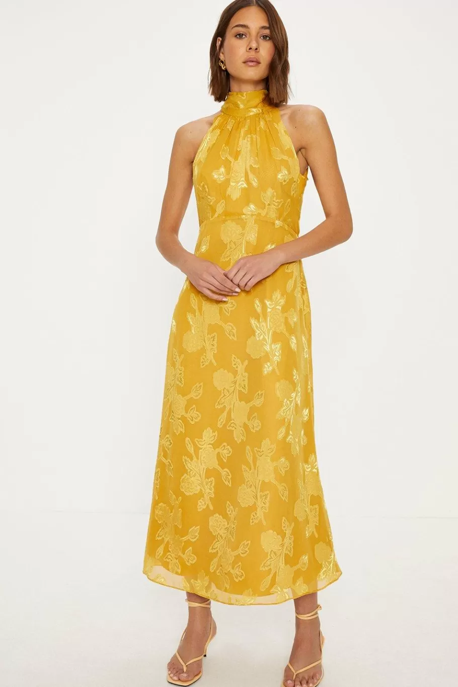 Oasis Floral Satin Burnout Halter Midi Dress Ochre Outlet