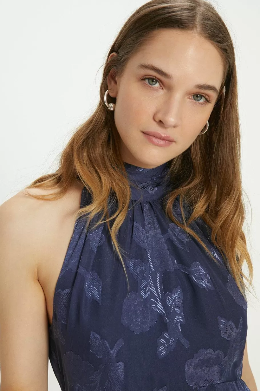 Oasis Floral Satin Burnout Halter Midi Dress Navy Best Sale