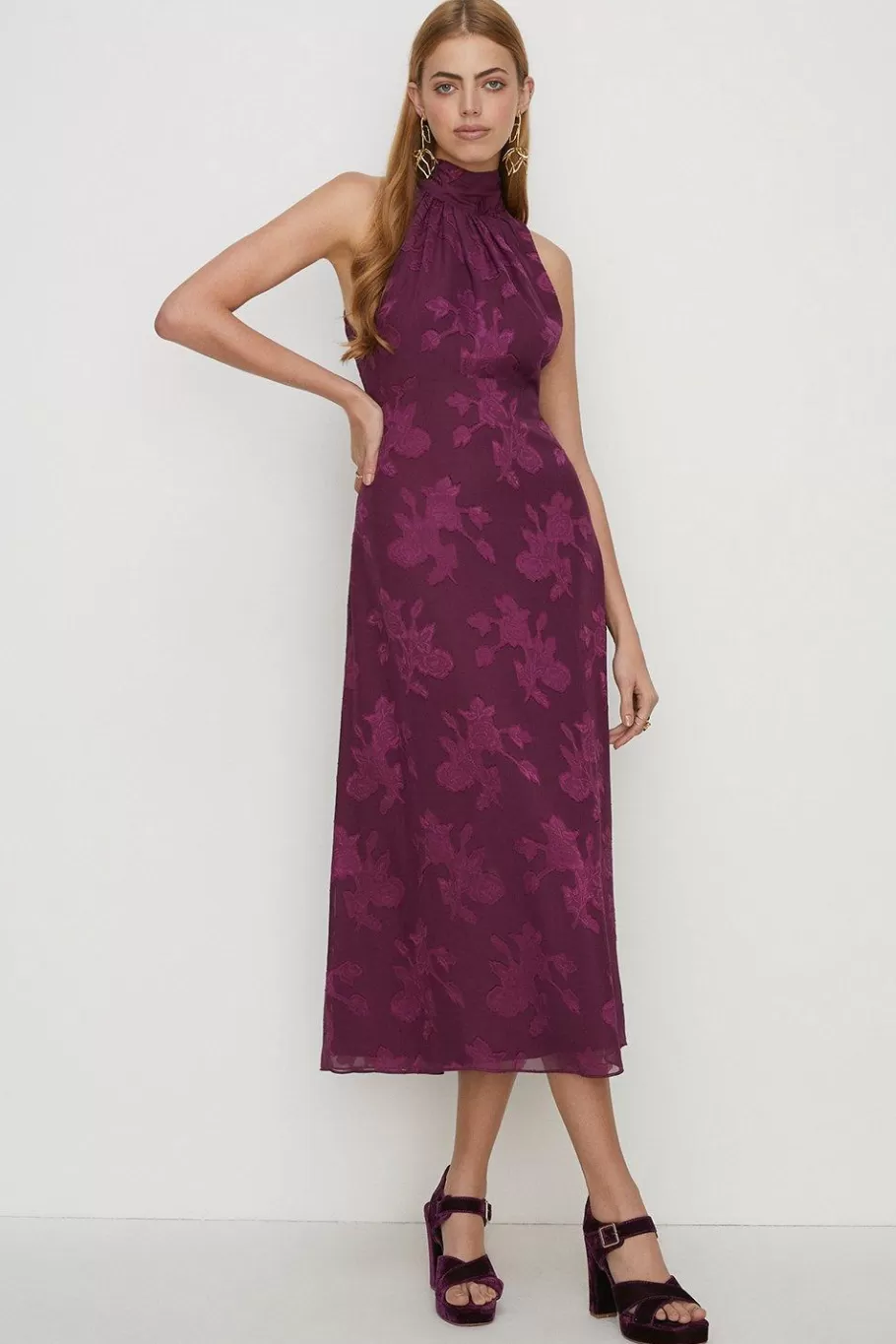 Oasis Floral Satin Burnout Halter Neck Midi Dress Purple Online